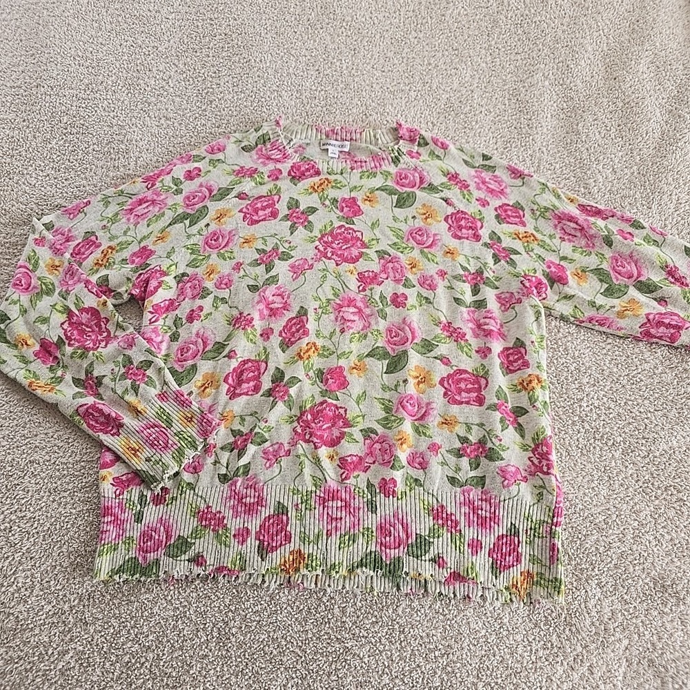 Minnie Rose All-Over Floral Print Distressed Knit Sweater Sz L Boho Cottagecore